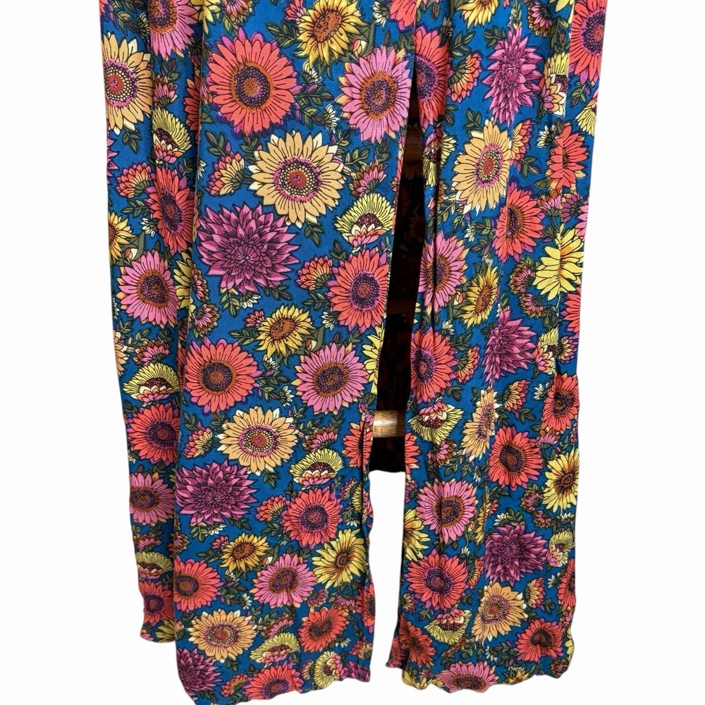 Natural Life Patti Maxi Dress L Teal Sunflower Tie Front Empire Waist Side Slit - Picture 5 of 9